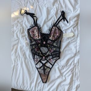 For Love And Lemons Floral Lace Bodysuit with Black Velour Straps
